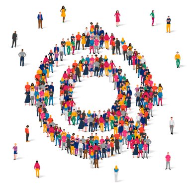 Çok renkli giysiler içinde büyük bir grup insan bir büyüteç içinde duruyor. Bir şey bulma kavramı. Kalabalık. Vektör illüstrasyonu beyaz arkaplanda izole edildi.