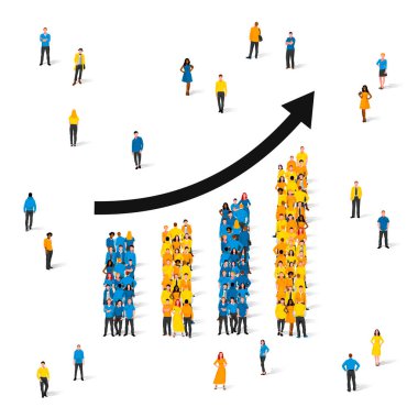 Renkli elbiseli insanların yükseliş ve düşüş çizelgesi. İnternet, rapor, sunum, finansal analiz için iş veri tasarım unsurları. Grafik, grafik, diyagram. İş veri tabloları. Vektör illüstrasyonu beyaz arkaplanda izole edildi.