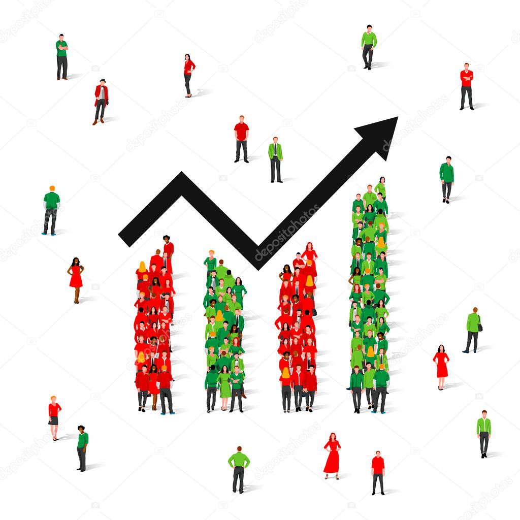 A rising and falling chart of people in colored clothes. Business data design elements for web, report, presentation, financial analysis. Graph, chart, diagram. Business data charts. Vector illustration isolated on white background.