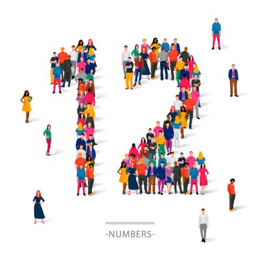 Büyük bir grup insan renkli giysiler içinde 12 numara şeklinde duruyor. İnsan sayıları kavramı. Vektör illüstrasyonu beyaz arkaplanda izole edildi.