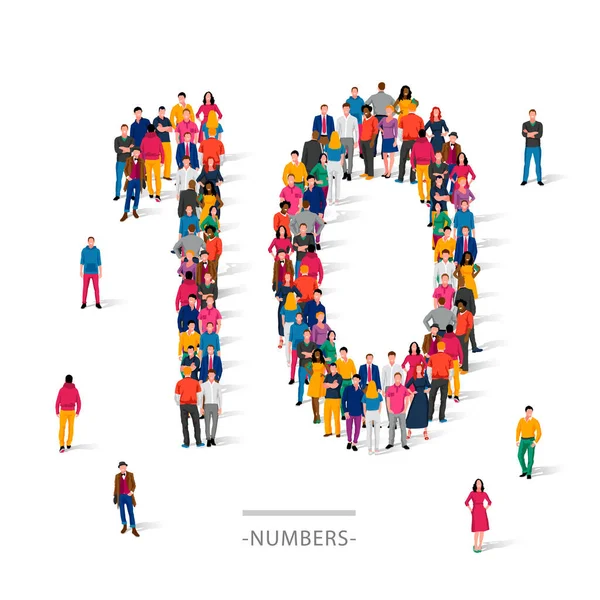 人々の大規模なグループの色の服の番号10の形で立っている 人間の数の概念 白を基調としたベクトルイラスト — ストックベクタ