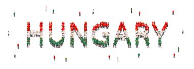 Bir grup insan yeşil, beyaz ve kırmızı cübbeler içinde duruyor ve Macaristan kelimesini uyduruyorlar. İnsanlardan yapılmış Macaristan bayrağı. Vektör illüstrasyonu beyaz arkaplanda izole edildi.