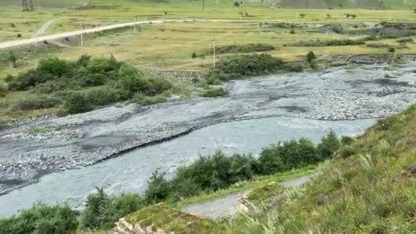 Rivière Montagne Village Dargavs Beau Panorama Vertes Prairies Alpines Collines — Video