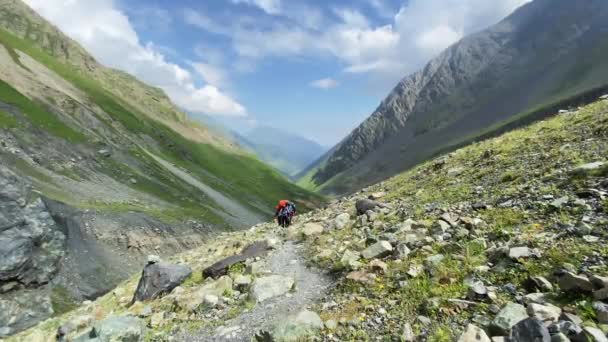 Malá Skupinka Turistů Sleduje Horskou Stezku Kolem Majestátních Hor Zelených — Stock video