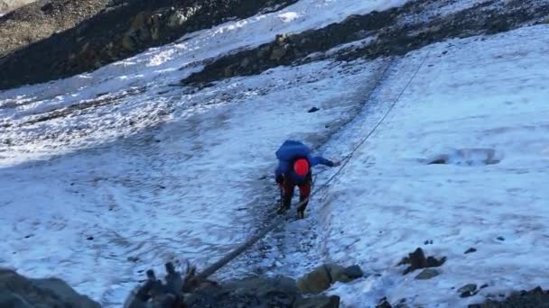 Alpinista Caminha Longo Uma Morena Gelo Movendo Com Uma Corda — Vídeo de Stock