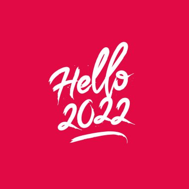 Yazıt- Merhaba 2022! Eşsiz el yazısıyla yazılmış güzel yazılar. Mutlu yıllar 2022! Mutlu Noeller ve mutlu yıllar için tebrik kartı. Kırmızı arkaplanda vektör illüstrasyonu.