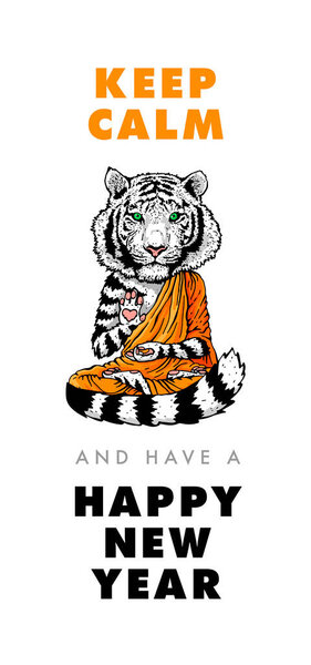 Белый Тигр Будда Монах Надпись Сохраняйте Спокойствие Счастливого Нового Года Лицензионные Стоковые Иллюстрации