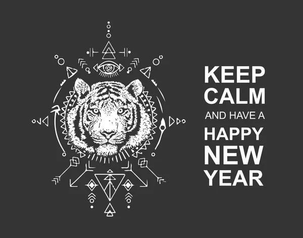 Głowa Tygrysa Święta Geometria Napis Zachować Spokój Szczęśliwego Nowego Roku — Wektor stockowy