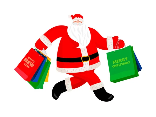 Babbo Natale Corre Con Borse Regalo Colorate Dai Negozi Incredibile — Vettoriale Stock