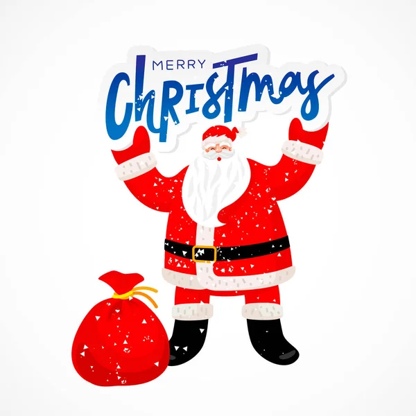 Забавный Санта Клаус Большим Пакетом Подарков Написано Руки Рождеством Символ — стоковый вектор