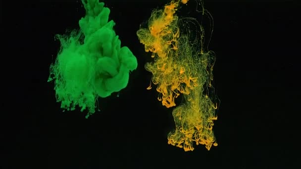 Yellow Green Watercolor Ink Mixed Water Black Background Slow Motion — Stock Video