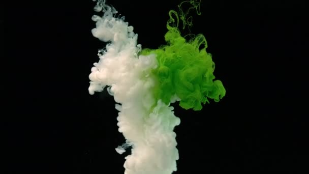 白と緑の水彩インクを水に注ぎ 黒を背景にブレンドします 素晴らしい抽象的背景 宇宙催眠の背景 液体白と緑の塗料の遅い動き — ストック動画