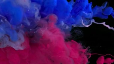 Kırmızı, beyaz ve mavi suluboya mürekkep siyah arka planda suya karışıyor. Ekran koruyucu, alan arkaplanı rahatlıyor. Müthiş soyut bir arka plan. Suyun içindeki renkli suluboyaların yavaş hareketi.