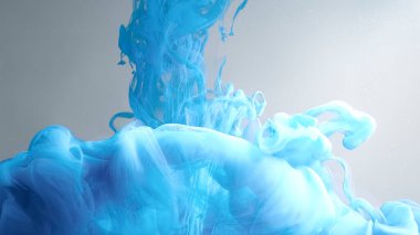 Müthiş soyut bir arka plan. Beyaz arka planda mavi ve beyaz mürekkep bulutu. Suya mavi mürekkep damlaları. Kozmik yıldız arkaplanı. Çevre kirliliği kavramı. Masaüstünüz için güzel duvar kağıdı.