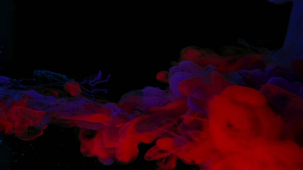 Colored cloud of ink on a black background. Drops of red, purple and blue black ink in water. Red, purple and blue watercolor paints in water on a black background. Awesome abstract background. Beautiful wallpaper for your desktop.