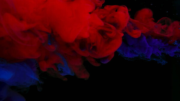 Drops of red, purple and blue black ink in water. Red, purple and blue watercolor paints in water on a black background. Awesome abstract background. Beautiful wallpaper for your desktop. Colored cloud of ink on a black background.