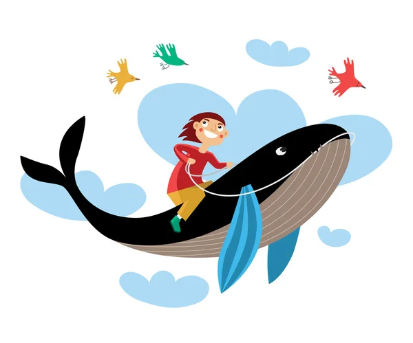 男孩骑鲸 — 图库矢量图片