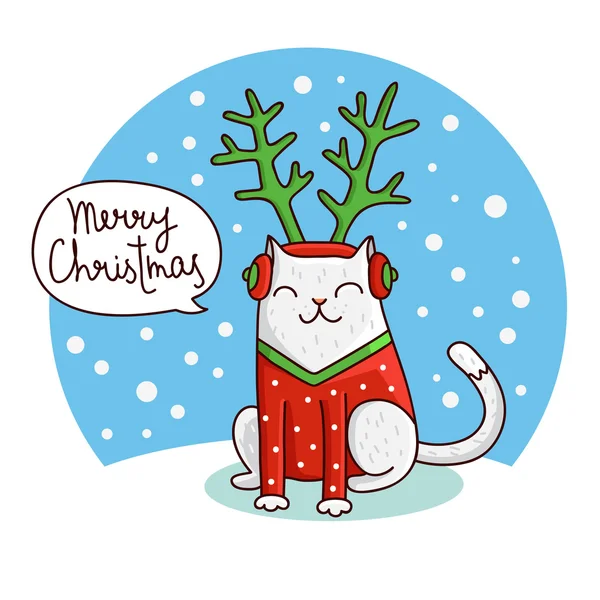 Cute and funny Christmas cat in the hat with antlers. — Stock Vector