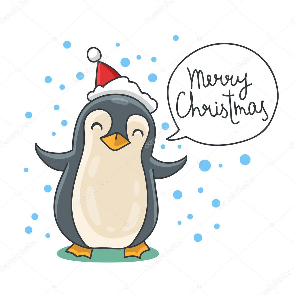 Cute and funny Christmas penguin in red hat