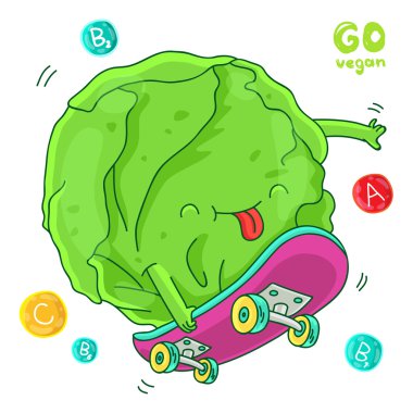 Cute, komik yeşil lahana bir kaykay üzerinde gider.