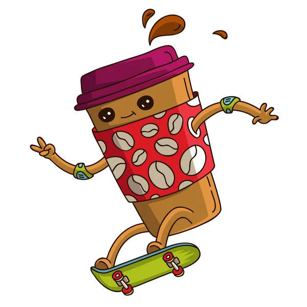 Φλιτζάνι καφέ πηγαίνει σε πράσινο skateboard — Διανυσματικό Αρχείο