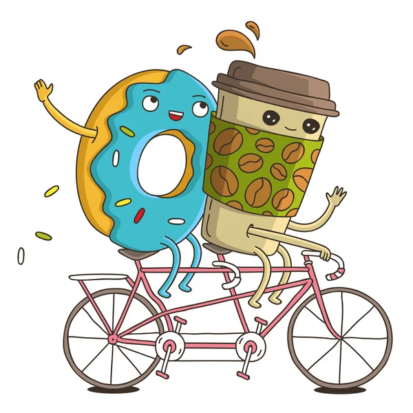 Cup of coffee and a donut on a pink bike ride — Stock Vector