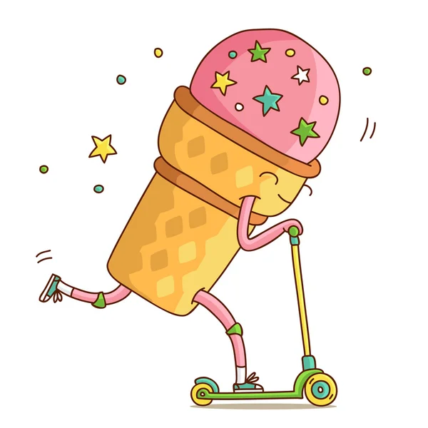 Ice - cream cone rijdt een scooter. — Stockvector