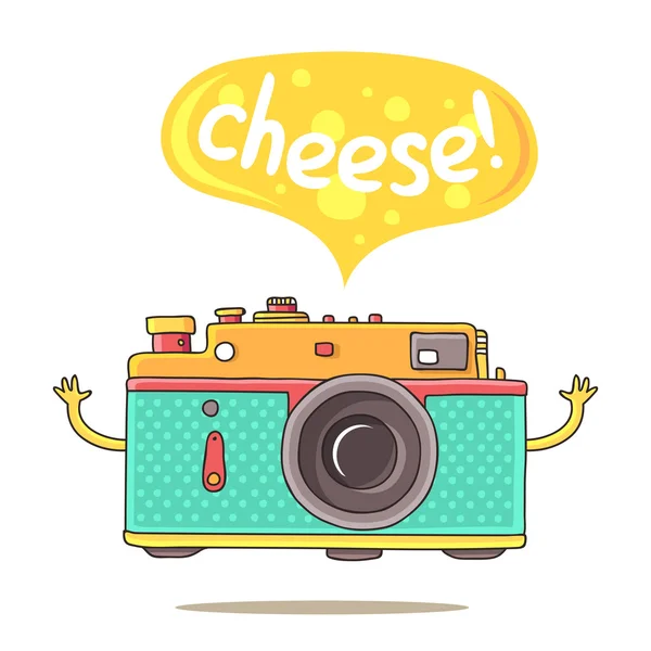 Cute camera with his hands and says "Cheese!" — Stock Vector