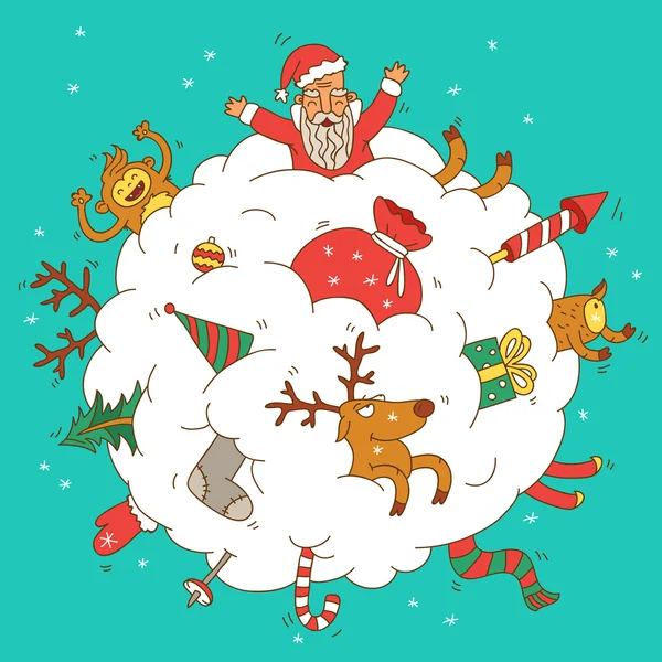 Schneeball mit Rentier, Weihnachtsmann und Geschenken. — Stockvektor