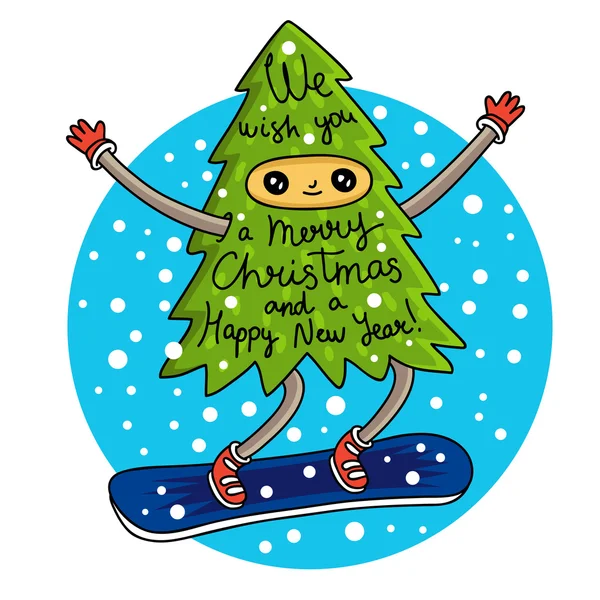 Netter und lustiger Weihnachtsbaum auf dem Snowboard — Stockvektor