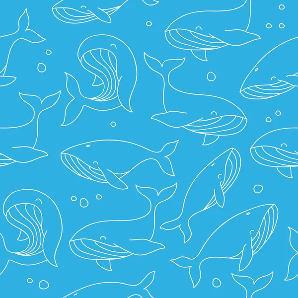 Patrón vectorial inconsútil de diferentes ballenas — Vector de stock