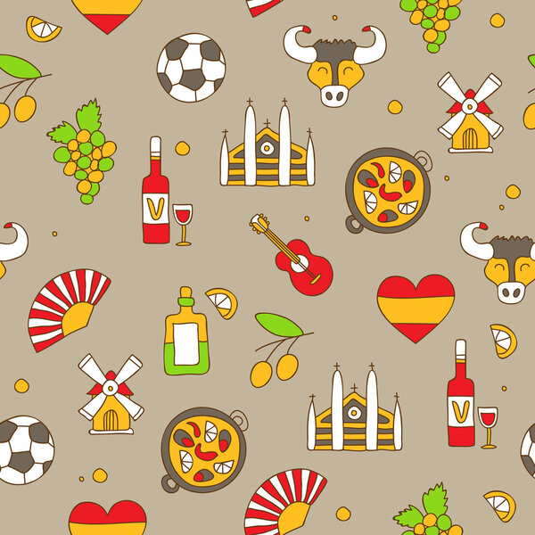 Seamless vector pattern of colored Spanish icons