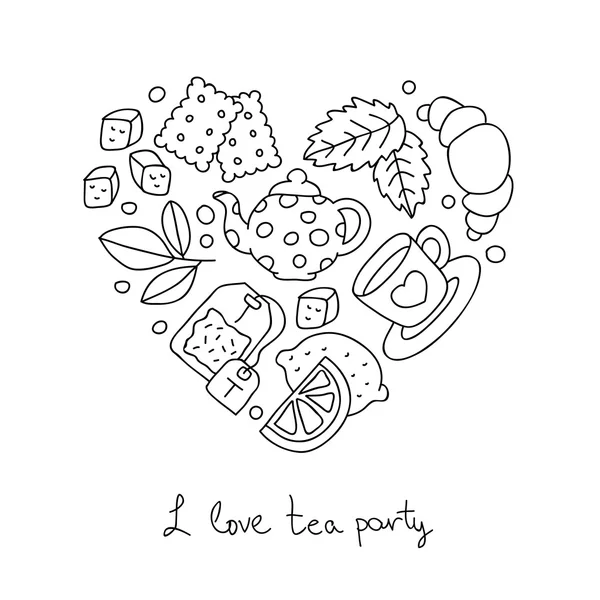 Tea Party. Icons in the shape of a heart — Stock Vector