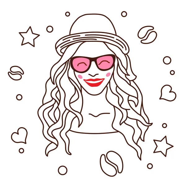 Vacker flicka med långt hår, klädd i en hatt, rosa glasögon — Stock vektor
