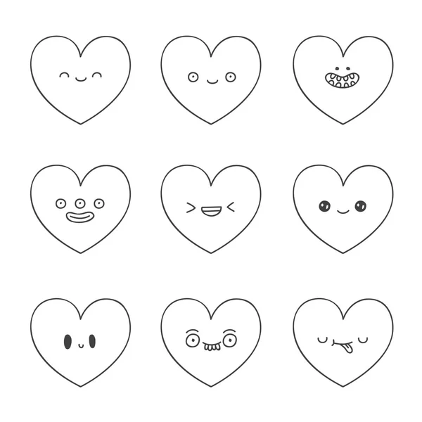 Coeurs mignons et drôles avec des émotions différentes — Image vectorielle