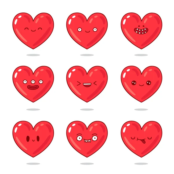 Lindos y divertidos corazones rojos con diferentes emociones — Vector de stock