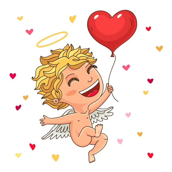 Schattig cupid met een rode ballon — Stockvector