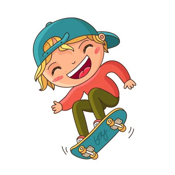 Rapaz de boné azul a fazer um truque num skate —  Vetores de Stock