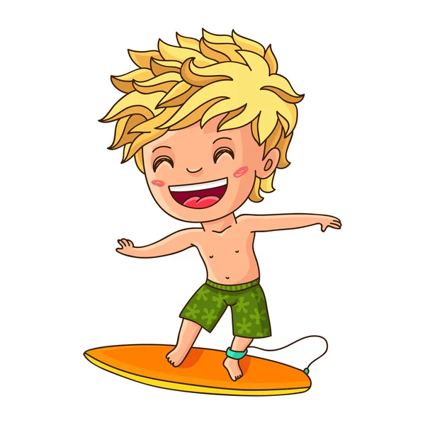 Little cheerful boy surfing on the board — Stock Vector