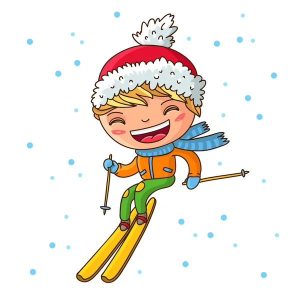 Pequeño niño alegre esquiando en invierno — Archivo Imágenes Vectoriales