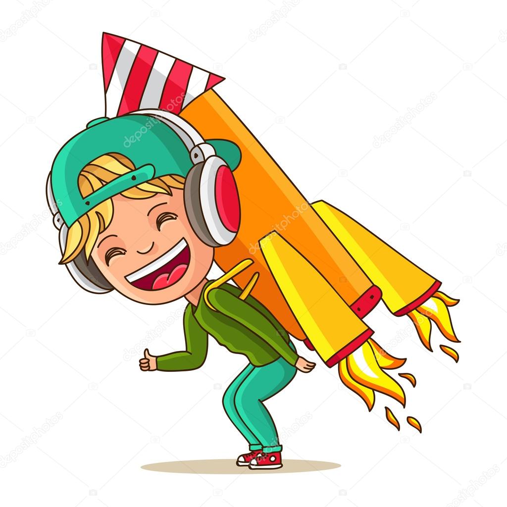 Little cheerful boy with rocket on his back