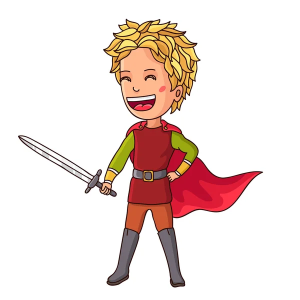 Kid in knight costume with sword in hand — Stock Vector