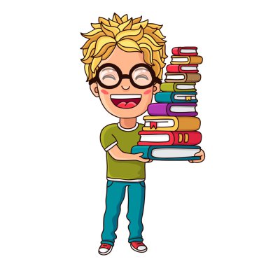 Onun elinde kitapların bir yığınına çocuk