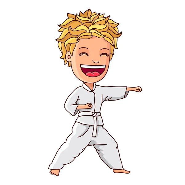 Kid in a white suit is engaged in karate — Stock Vector