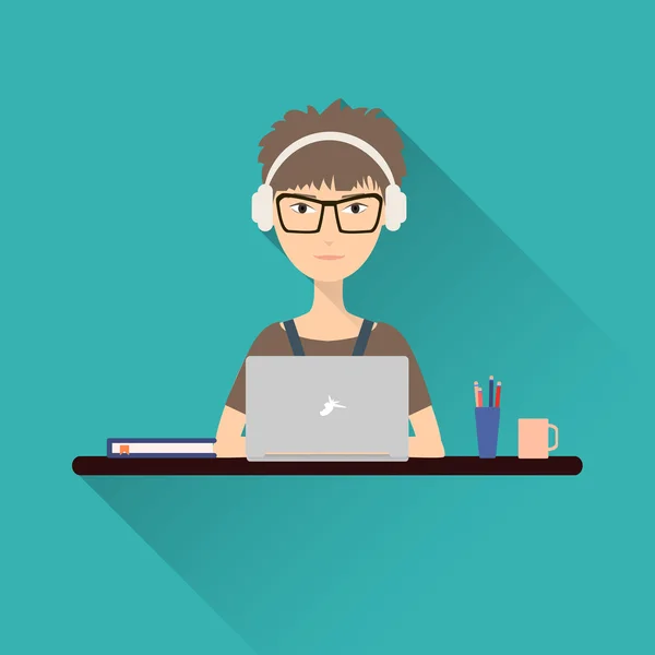 Flat icon of a woman. Woman working at a laptop with headphones sitting at her desk. — Stock Vector