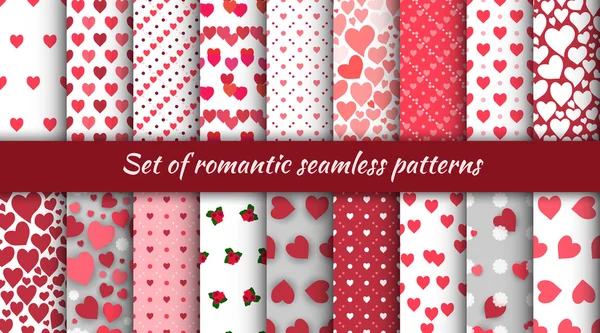 Reihe nahtloser romantischer Muster mit Herzen und Rosen für den Valentinstag. — Stockvektor