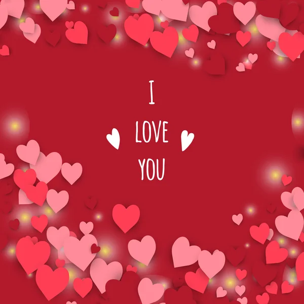 Te quiero. Te quiero. Fondo abstracto con marco de corazones voladores y copos de nieve. Corazones desenvainados. Día de San Valentín . — Archivo Imágenes Vectoriales