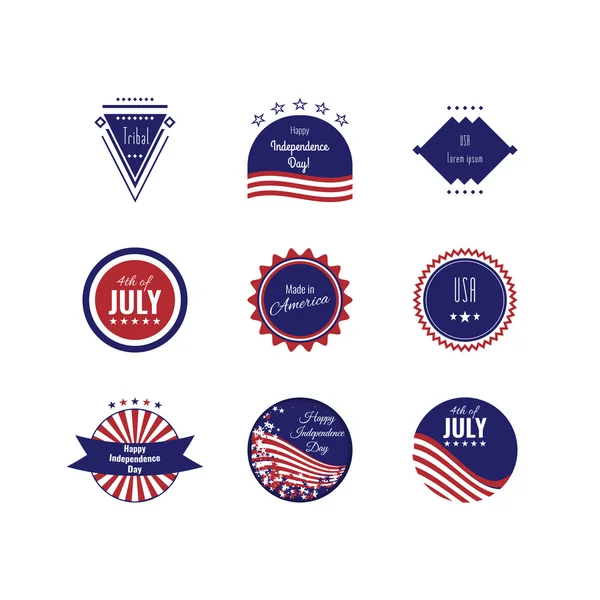 Logotipi del giorno dell'indipendenza degli Stati Uniti. Una serie di loghi. Il 4 luglio. Colori bandiera americana — Vettoriale Stock
