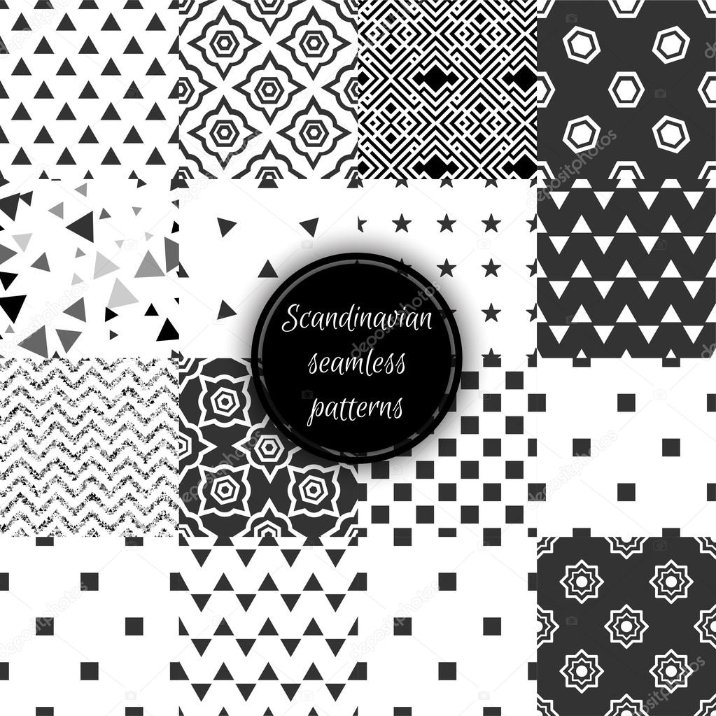 Set of black and white scandinavian seamless patterns Stock Vector by