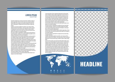 Kurumsal panelli broşür şablonu tasarımı. Dünya harita Infographic öğesi ve fotoğraf için yer ile. 